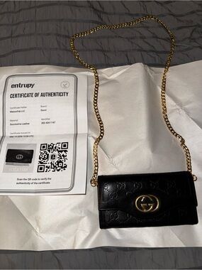 Gucci Black Quilted Leather Wallet on Gold Chain Strap